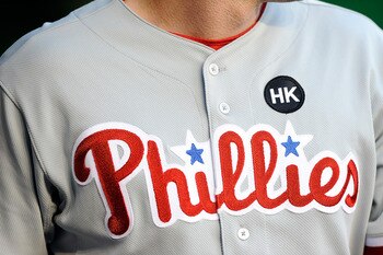 WASHINGTON - APRIL 16:  The Philadelphia Phillies wear a patch on their uniform to honor broadcaster Harry Kalas during the game against the Washington Nationals at Nationals Park on April 16, 2009 in Washington, DC.  (Photo by Greg Fiume/Getty Images)