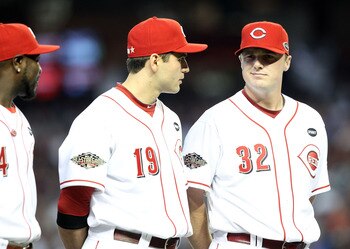 PHOENIX, AZ - JULY 12:  National League All-Star Joey Votto #19 of the Cincinnati Reds talks with National League All-Star Jay Bruce #32 of the Cincinnati Reds before the start of the 82nd MLB All-Star Game at Chase Field on July 12, 2011 in Phoenix, Ariz