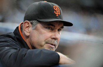 SAN DIEGO, CA - JULY 14: San Francisco Giants manager Bruce Bochy looks on during the second inning of a baseball game against the San Diego Padres at Petco Park on July 14, 2011 in San Diego, California.  (Photo by Denis Poroy/Getty Images)