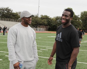 LOS ANGELES, CA - MARCH 19:  adidas, Reggie Bush and Prince Amukamara pop into a football practice in Los Angeles to capture game faces as part of the adidas Facebook Game Face contest.  (Photo by Noel Vasquez/Getty Images for adidas)