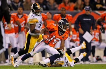 DENVER - NOVEMBER 09:  Eddie Royal #19 of the Denver Broncos makes a reception against the Pittsburgh Steelers on during NFL action at Invesco Field at Mile High on November 9, 2009 in Denver, Colorado. The Steelers defeated the Broncos 28-10.  (Photo by 