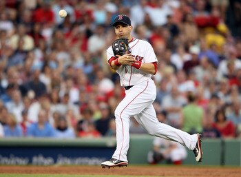 BOSTON, MA - JULY 05:  Marco Scutaro #10 of the Boston Red Sox sends the ball to first to get Mike McCoy of the Toronto Blue Jays out in the third inning on July 5, 2011 at Fenway Park in Boston, Massachusetts.  (Photo by Elsa/Getty Images)