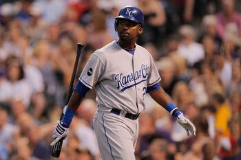 DENVER, CO - JULY 1:  Wilson Betemit #24 of the Kansas City Royals looks toward the scoreboard after striking out during a pitch-hit at-bat during the eighth inning  at Coors Field on July 1, 2011 in Denver, Colorado.  (Photo by Justin Edmonds/Getty Image