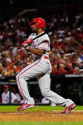 ST. LOUIS, MO - JUNE 21: Ben Francisco #10 of the Philadelphia Phillies follows through on a one run single against the St. Louis Cardinals at Busch Stadium on June 21, 2011 in St. Louis, Missouri.  (Photo by Jeff Curry/Getty Images)