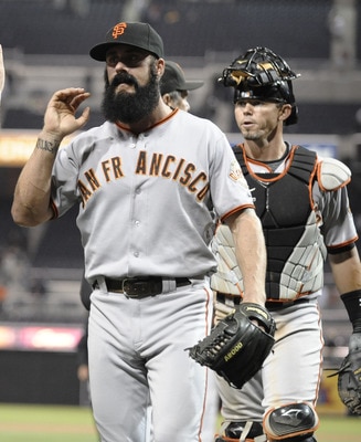 SAN DIEGO, CA - JULY 14:  Brian Wilson #38 of the San Francisco Giants comes off the field after winning a baseball game against the San Diego Padres at Petco Park on July 14, 2011 in San Diego, California. The Giants won 6-2.   (Photo by Denis Poroy/Gett