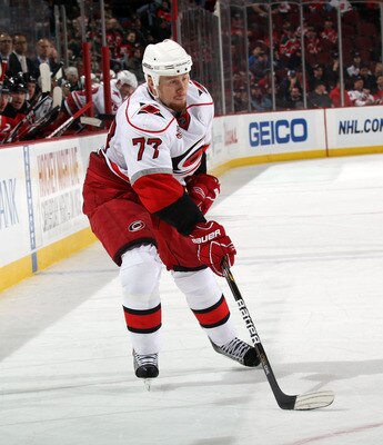 NEWARK, NJ - FEBRUARY 16:  Joe Corvo #77 of the Carolina Hurricanes skates against the New Jersey Devils at the Prudential Center on February 16, 2011 in Newark, New Jersey.  (Photo by Bruce Bennett/Getty Images)