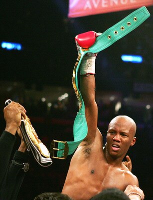 ST. LOUIS - FEBRUARY 5: Zab Judah celebrates his win on February 5, 2005 at the Saavis Center in St. Louis, Missouri.  Zab Judah defeated Cory Spinks by TKO at 2:49 in the 9th round to win the welterweight championship. (Photo by Elsa/Getty Images.)