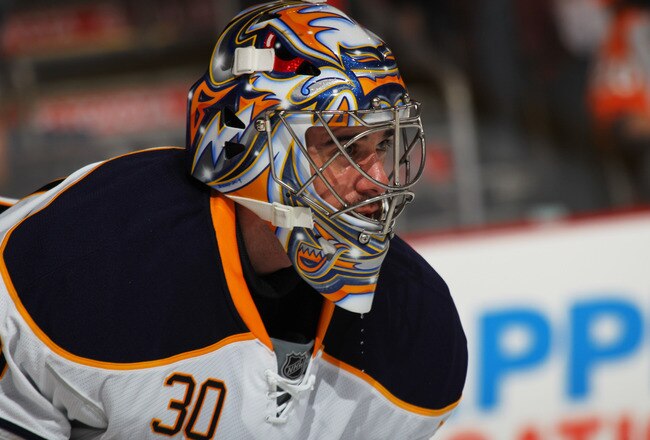 PHILADELPHIA, PA - APRIL 22:  Ryan Miller #30 of the Buffalo Sabres looks on during the second period against the Philadelphia Flyers in Game Five of the Eastern Conference Quarterfinals during the 2011 NHL Stanley Cup Playoffs at Wells Fargo Center on Ap
