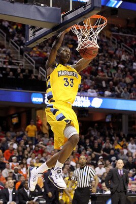 CLEVELAND, OH - MARCH 18: Jimmy Butler #33 of the Marquette Golden Eagles dunks the ball against the Xavier Musketeers during the second round of the 2011 NCAA men's basketball tournament at Quicken Loans Arena on March 18, 2011 in Cleveland, Ohio.  (Phot