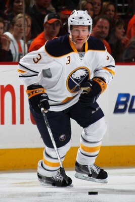 PHILADELPHIA, PA - APRIL 22:  Jordan Leopold #3 of the Buffalo Sabres controls the puck against the Philadelphia Flyers in Game Five of the Eastern Conference Quarterfinals during the 2011 NHL Stanley Cup Playoffs at Wells Fargo Center on April 22, 2011 i