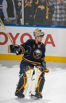 BUFFALO, NY - MARCH 30: Jhonas Enroth #1 of the Buffalo Sabres acknowledges the crowd as he is named first star of the game after recording his first NHL shutout against the New York Rangers at HSBC Arena on March 30, 2011 in Buffalo, New York.  Buffalo w