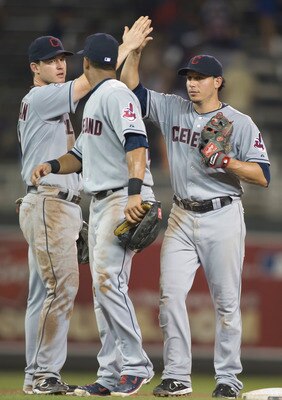 MINNEAPOLIS, MN - JULY 18: Jack Hannahan #9, Michael Brantley #23 and Asdrubal Cabrera #13 of the Cleveland Indians celebrate a win of game two in a doubleheader against the Minnesota Twins on July 18, 2011 at Target Field in Minneapolis, Minnesota. The I