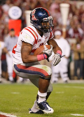 TUSCALOOSA, AL - OCTOBER 16:  Brandon Bolden #34 of the Ole Miss Rebels against the Alabama Crimson Tide at Bryant-Denny Stadium on October 16, 2010 in Tuscaloosa, Alabama.  (Photo by Kevin C. Cox/Getty Images)
