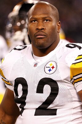 BALTIMORE, MD - DECEMBER 05:  James Harrison #92 of the Pittsburgh Steelers watches from the sidelines against the Baltimore Ravens at M&T Bank Stadium on December 5, 2010 in Baltimore, Maryland.  (Photo by Geoff Burke/Getty Images)