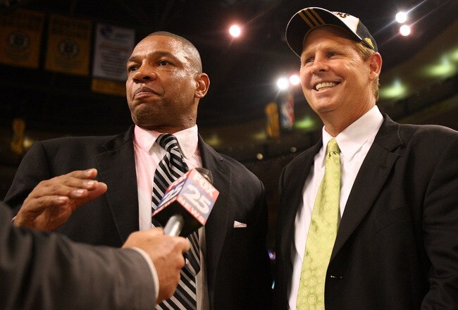 BOSTON - JUNE 17:  Head coach Doc Rivers and Executive Director of Basketball Operations Danny Ainge of the Boston Celtics celebrate after defeating the Los Angeles Lakers in Game Six of the 2008 NBA Finals on June 17, 2008 at TD Banknorth Garden in Bosto