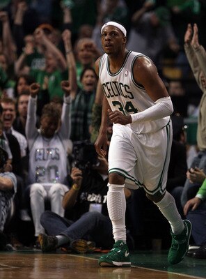 BOSTON, MA - MAY 07:  Paul Pierce #34 of the Boston Celtics celebrates his three point shot in the fourth quarter against the Miami Heat in Game Three of the Eastern Conference Semifinals in the 2011 NBA Playoffs on May 7, 2011 at the TD Garden in Boston,