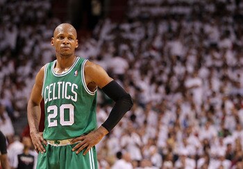MIAMI, FL - MAY 01:  Ray Allen #20  of the Boston Celtics looks on  during Game One of the Eastern Conference Semifinals of the 2011 NBA Playoffs against the Miami Heat at American Airlines Arena on May 1, 2011 in Miami, Florida. NOTE TO USER: User expres