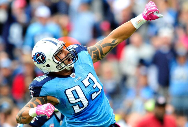 NASHVILLE, TN - OCTOBER 03:  Jason Babin #93 of the Tennessee Titans celebrates after sacking quarterback Kyle Orton #8 of the Denver Broncos during the first half at LP Field on October 3, 2010 in Nashville, Tennessee.  (Photo by Grant Halverson/Getty Im