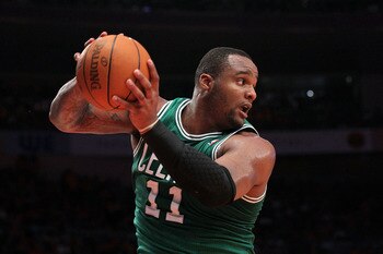NEW YORK, NY - APRIL 24:  Glen Davis #11 of the Boston Celtics controls a rebound against the New York Knicks in Game Four of the Eastern Conference Quarterfinals during the 2011 NBA Playoffs on April 24, 2011 at Madison Square Garden in New York City. Th