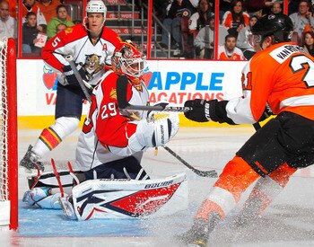 PHILADELPHIA, PA - DECEMBER 20:  Goalie Tomas Vokoun #29 makes a save off a shot by James van Riemsdyk #21 of the Philadelphia Flyers during a hockey game at the Wells Fargo Center on December 20, 2010 in Philadelphia, Pennsylvania.  (Photo by Paul Beresw