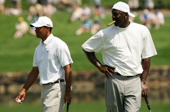 CHARLOTTE, NC - MAY 02:  Tiger Woods and Michael Jordan walk around on the 17th green during the Pro-am at the Wachovia Championship at Quail Hollow Country Club on May 2, 2007 in Charlotte, North Carolina.  (Photo by Streeter Lecka/Getty Images)