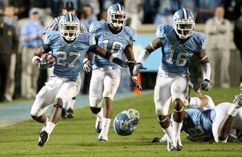 CHAPEL HILL, NC - NOVEMBER 07:  Deunta Williams #27 of the North Carolina Tar Heels runs with the ball after an interception against the Duke Blue Devils during their game at Kenan Stadium on November 7, 2009 in Chapel Hill, North Carolina.  (Photo by Str