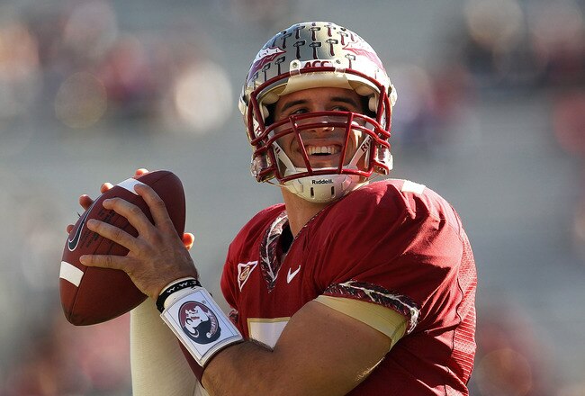 TALLAHASSEE, FL - NOVEMBER 27:  Christian Ponder #7 of the Florida State Seminoles warms up before a game against the Florida Gators at Doak Campbell Stadium on November 27, 2010 in Tallahassee, Florida.  (Photo by Mike Ehrmann/Getty Images)