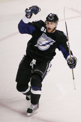 TAMPA, FL - MAY 25:  Steven Stamkos #91 of the Tampa Bay Lightning celebrates his third period goal against the Boston Bruins in Game Six of the Eastern Conference Finals during the 2011 NHL Stanley Cup Playoffs at St Pete Times Forum on May 25, 2011 in T