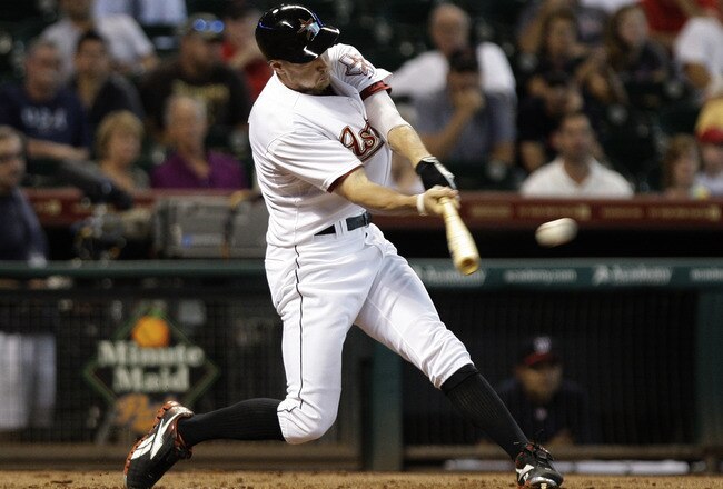HOUSTON, TX - JULY 20: Hunter Pence #9 of the Houston Astros hits a triple in the first inning against  the Washington Nationals on July 20, 2011 at Minute Maid Park in Houston, Texas. Astros won in the bottom of the 11th 3 - 2. (Photo by Thomas B. Shea/G