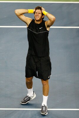 NEW YORK - SEPTEMBER 14:  Juan Martin Del Potro of Argentina celebrates championship point after defeating Roger Federer of Switzerland in the Men's Singles final on day fifteen of the 2009 U.S. Open at the USTA Billie Jean King National Tennis Center on