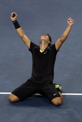 NEW YORK - SEPTEMBER 13:  Rafael Nadal of Spain falls to his knees in celebration of his win over Novak Djokovic of Serbia during their men's singles final on day fifteen of the 2010 U.S. Open at the USTA Billie Jean King National Tennis Center on Septemb