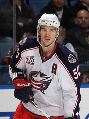 UNIONDALE, NY - NOVEMBER 24:  Antoine Vermette #50 of the Columbus Blue Jackets skates against the New York Islanders at the Nassau Coliseum on November 24, 2010 in Uniondale, New York.  (Photo by Bruce Bennett/Getty Images)