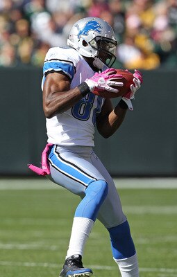 GREEN BAY, WI - OCTOBER 03: Bryant Johnson #80 of the Detroit Lions makes a catch against the Green Bay Packers at Lambeau Field on October 3, 2010 in Green Bay, Wisconsin. The Packers defeated the Lions 28-26. (Photo by Jonathan Daniel/Getty Images)