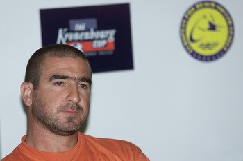 22 Jun 2001:  Ex Manchester United star Eric Cantona looks thoughtful during a Press conference for the Kronenbourg Beach Soccer Cup played at Hyde Park, London. Digital Image. Mandatory Credit: Bryn Lennon/ALLSPORT