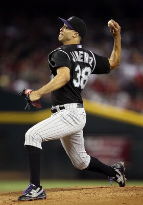 PHOENIX, AZ - JULY 24:  Starting pitcher Ubaldo Jimenez #38 of the Colorado Rockies pitches against the Arizona Diamondbacks during the Major League Baseball game at Chase Field on July 24, 2011 in Phoenix, Arizona.  (Photo by Christian Petersen/Getty Ima
