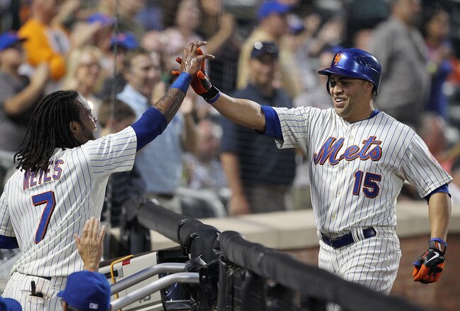 NEW YORK, NY - JUNE 18:  Carlos Beltran #15 of the New York Mets celebrates a two run home run with Jose Reyes #7 in the fifth inning against the Los Angeles Angels of Anaheim during their game on June 18, 2011 at Citi Field in the Flushing neighborhood o