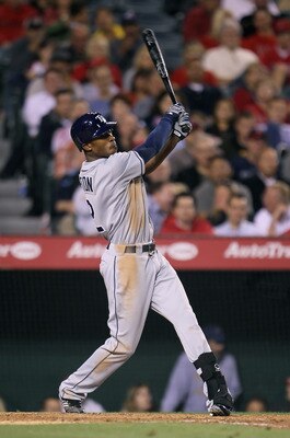 ANAHEIM, CA - JUNE 08:  B.J. Upton #2 of the Tampa Bay Rays bats against the Los Angeles Angels of Anaheim at Angel Stadium of Anaheim on June 8, 2011 in Anaheim, California.  (Photo by Jeff Gross/Getty Images)