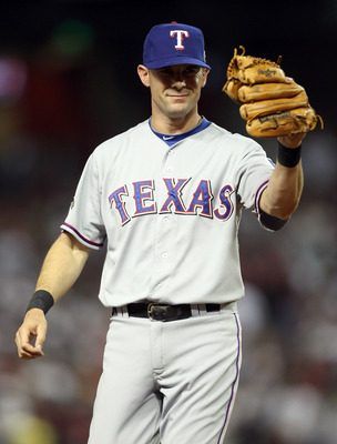 PHOENIX, AZ - JULY 12:  American League All-Star Michael Young #10 of the Texas Rangers reacts during the 82nd MLB All-Star Game at Chase Field on July 12, 2011 in Phoenix, Arizona.  (Photo by Christian Petersen/Getty Images)