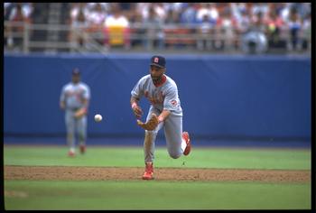 11 JUL 1992:  ST. LOUIS CARDINALS INFIELDER OZZIE SMITH MAKES A PLAY DURING THE CARDINALS VERSUS LOS ANGELES DODGERS GAME AT DODGER STADIUM IN LOS ANGELES, CALIFORNIA.  MANDATORY CREDIT:  STEPHEN DUNN/ALLSPORT