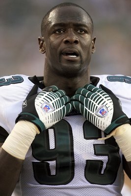 PHILADELPHIA - AUGUST 10:  Jevon Kearse #93 of the Philadelphia Eagles waits on the sidelines during the first half of the pre-season game against the Cleveland Browns on August 10, 2006 at Lincoln Financial Field in Philadelphia, Pennsylvania.  (Photo by