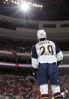 PHILADELPHIA, PA - MARCH 12:  Johnny Oduya #29 of the Atlanta Thrashers warms up before playing against the Philadelphia Flyers on March 12, 2011 at Wells Fargo Center in Philadelphia, Pennsylvania.  (Photo by Jim McIsaac/Getty Images)