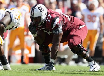 COLUMBIA, SC - OCTOBER 30:  Garrett Chisolm #77of the South Carolina Gamecocks against the Tennessee Volunteers during their game at Williams-Brice Stadium on October 30, 2010 in Columbia, South Carolina.  (Photo by Streeter Lecka/Getty Images)