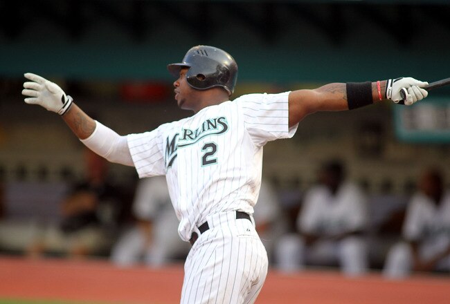 MIAMI GARDENS, FL - JULY 08:  Hanley Ramirez #2 of the Florida Marlins hits a home run against the Houston Astros at Sun Life Stadium on July 8, 2011 in Miami Gardens, Florida.  (Photo by Marc Serota/Getty Images)