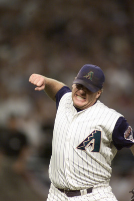 9 Oct 2001:  Curt Schilling #38 of the Arizona Diamondbacks celebrates after pitching a 3-hit shutout against the St. Louis Cardinals during game one of the National League West Divisional Series at Bank One Ballpark in Phoenix, Arizona. The Diamondbacks