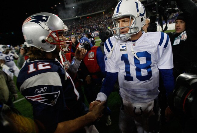 FOXBORO, MA - NOVEMBER 21:  Tom Brady #12 of the New England Patriots shakes hands with Peyton Manning #18 of the Indianapolis Colts after their game at Gillette Stadium on November 21, 2010 in Foxboro, Massachusetts. (Photo by Jim Rogash/Getty Images)