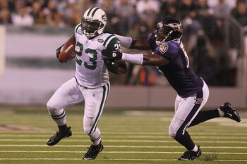 EAST RUTHERFORD, NJ - SEPTEMBER 13:  Shonn Greene #23 of the New York Jets in action against the Baltimore Ravens during their home opener at the New Meadowlands Stadium on September 13, 2010 in East Rutherford, New Jersey.  (Photo by Jim McIsaac/Getty Im
