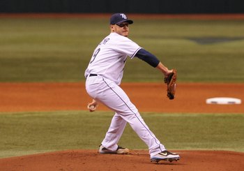 ST. PETERSBURG, FL - APRIL 13: Pitcher Scott Kazmir #19 of the Tampa Bay Rays starts against the New York Yankees on April 13, 2009 at Tropicana Field  in St. Petersburg, Florida.  (Photo by Al Messerschmidt/Getty Images)