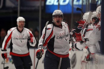 NEW YORK, NY - APRIL 17:  Alex Ovechkin #8 of the Washington Capitals celebrates after he scored a second period goal against the New York Rangers in Game Three of the Eastern Conference Quarterfinals during the 2011 NHL Stanley Cup Playoffs at Madison Sq