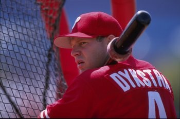 7 Mar 1998:  Outfielder Lenny Dykstra of the Philadelphia Phillies in action during a spring training game against the Cincinnati Reds at the Ed Smith Stadium in Sarasota, Florida. Mandatory Credit: Rick Stewart  /Allsport