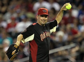 PHOENIX, AZ - JULY 10:  Former MLB player Mark Grace throws the ball during the 2011 Taco Bell All-Star Legends & Celebrity Softball Game at Chase Field on July 10, 2011 in Phoenix, Arizona.  (Photo by Jeff Gross/Getty Images)